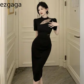 Женское платье Ezgaga, кружевное лоскутное платье с воротником-стойкой, Тонкие Черные сексуальные платья с разрезом, с коротким рукавом, Женские Элегантные Винтажные Темперамент